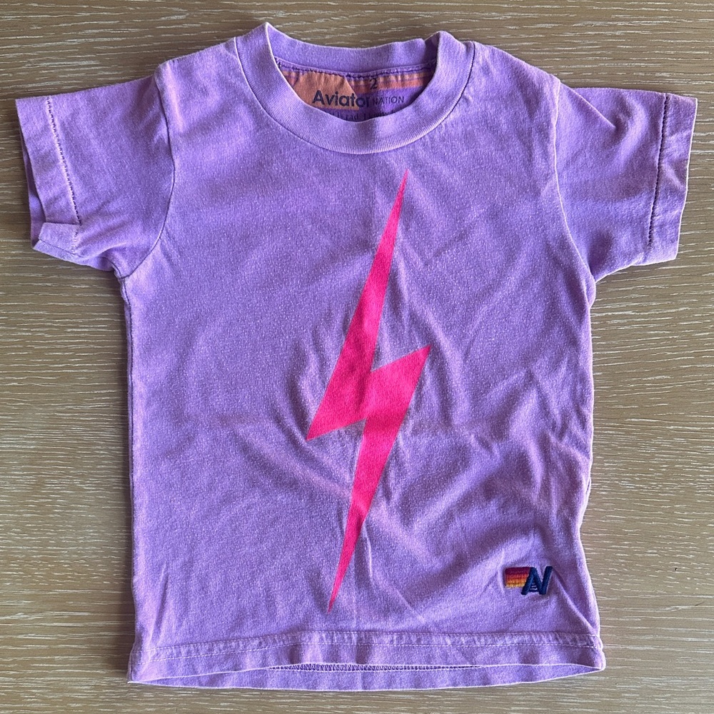 Aviator Nation Kids Lavender Tee with Hot Pink Lightning Bolt size 2